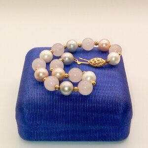 Vintage Signed CP Cultured Pearl Rose Quartz Beaded Bracelet 14k Gold Bead Clasp